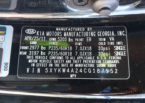 2012 Kia Sorento Sx V6 from USA, damaged, VIN 5XYKW4A24CG187952